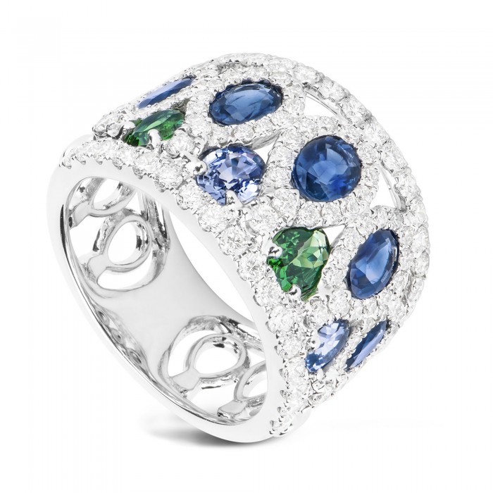 Anello Piero Milano Cocktail in Oro Bianco 18Kt con Diamanti, Zaffiri e Tsavoriti – Ref. R5100AB2BU