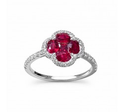 Anello a fiore in oro bianco 18 kt con rubini e diamanti