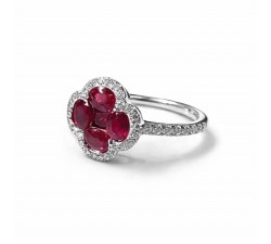 Anello a Fiore in Oro Bianco 18 kt con Rubini ct 1,06 e Diamanti ct 0,25 - DIENNECI GIOIELLI