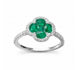 Anello a fiore in oro bianco 18 kt con smeraldi e diamanti