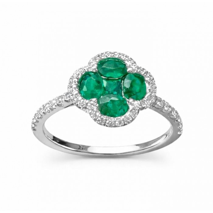 Anello a Fiore in Oro Bianco 18 kt con Smeraldi ct 0,74 e Diamanti ct 0,26 - DIENNECI GIOIELLI
