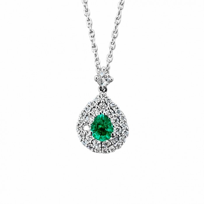 Girocollo Smeraldo e Diamanti in Oro Bianco 18kt – Smeraldo 0,26 ct con Doppia Corona di Diamanti - Dienneci Gioielli